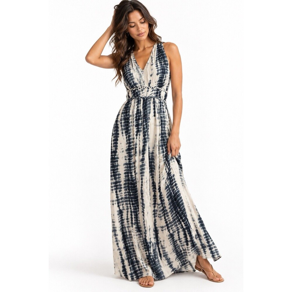 Japna Blue White Tie Dye Rayon Maxi Dress Open Back Boho Size Large